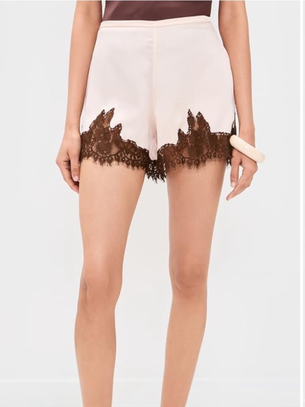 Reformation fern Pink Satin High-Waist Shorts with Brown Lace Trim nwt
